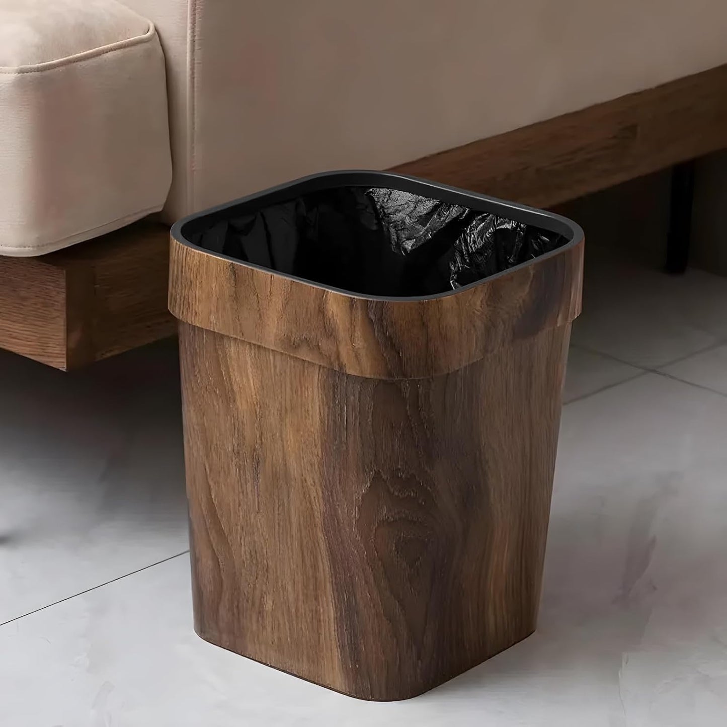 Wood Grain Plastic Trash Can Bedroom, Square 2-Pack, 3.7 Gal Farmhouse Wastebasket Bin Retro Style, Brown Trash Can for Room Aesthetic, Open Top Garbage Can for Office, Living Room, Hotel, Bathroom