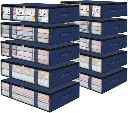 StorageRight Under Bed Storage Bins, 10-Pack 40L Foldable Fabric Storage Bags with Transparent Window, Breathable Organizer for Clothes/Blanket/Comforter/Quilt, Blue