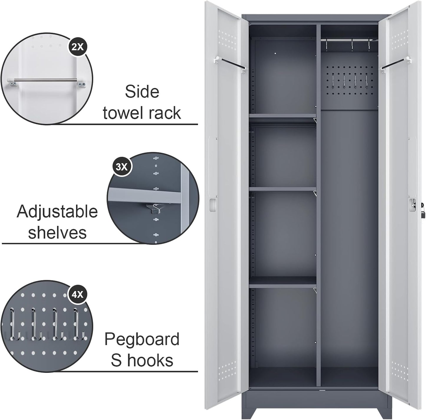 Broom Closet, Metal Storage Cabinet with Hanging Rod, 65" Broom Tool Organizer, Metal Cabinet with Doors and Shelves, Tall Cleaning Storage for Home, Office, Garage, Balcony