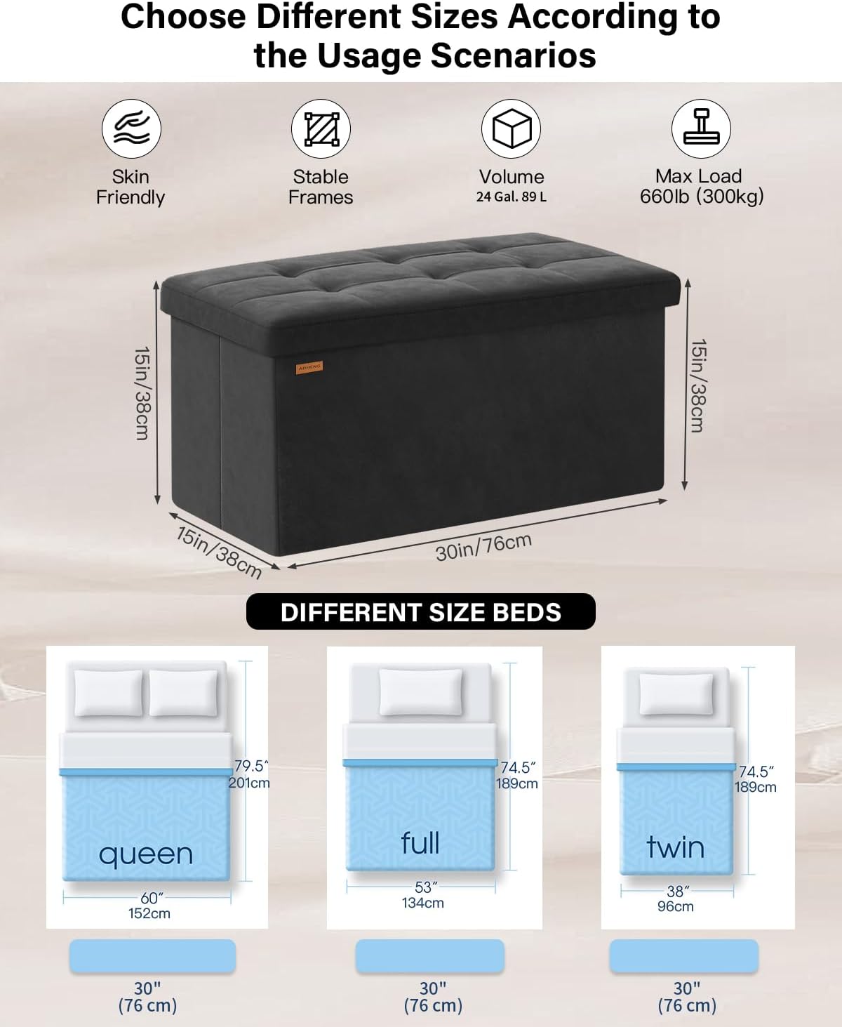 Folding Storage Ottoman, Velvet Storage Bench, Footrest, Removable Divider, for Living Room, Bedroom, 15 x 30 x 15 Inches, 660 lb Load Capacity, Ink Black UASND01B