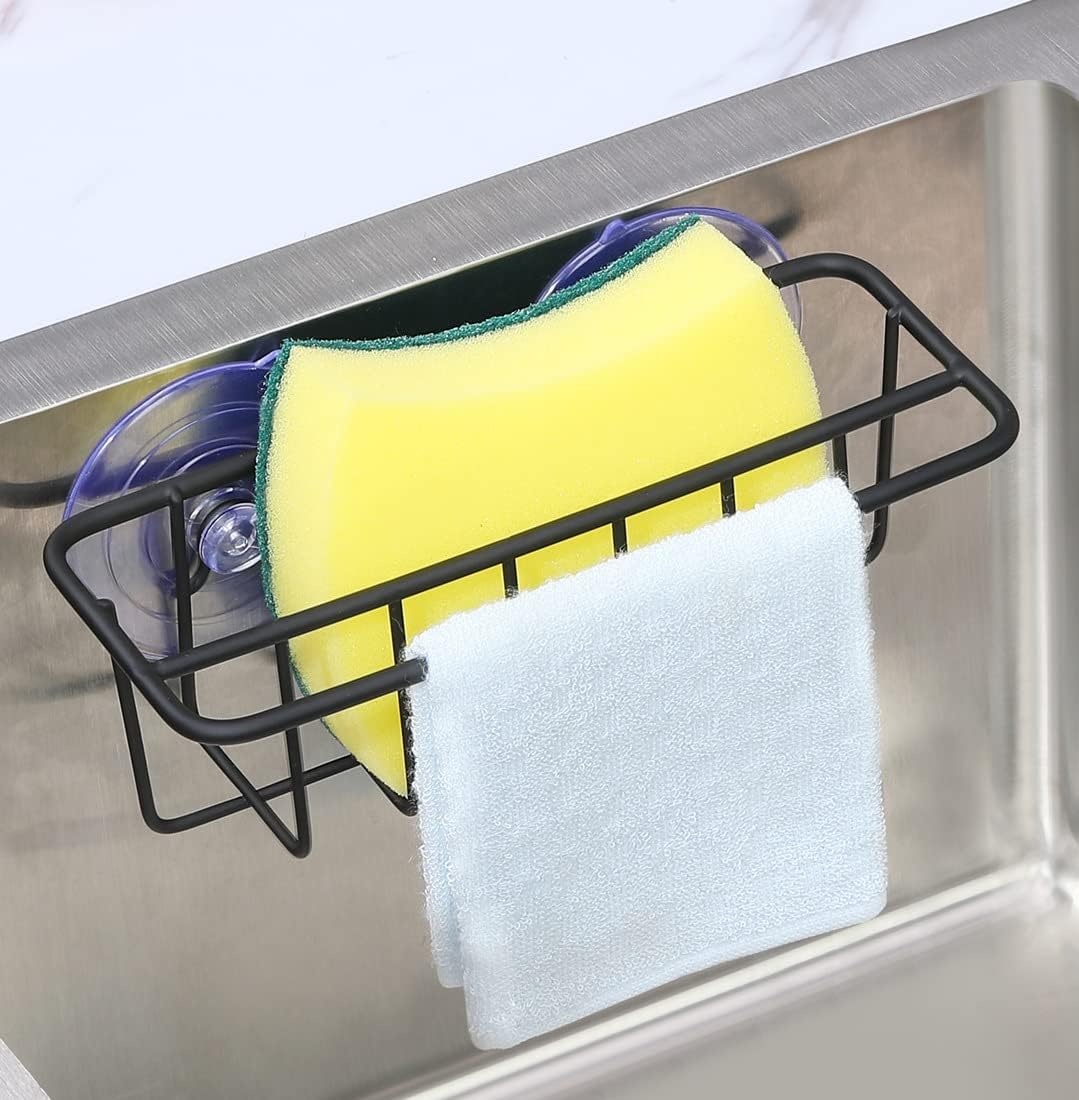 Sink Caddy Sponge Holder for Kitchen Sink Dish Cloth Hanger 2 Suspension Options(Suction Cups and Adhesive Hook), SUS304 Stainless Steel, Black