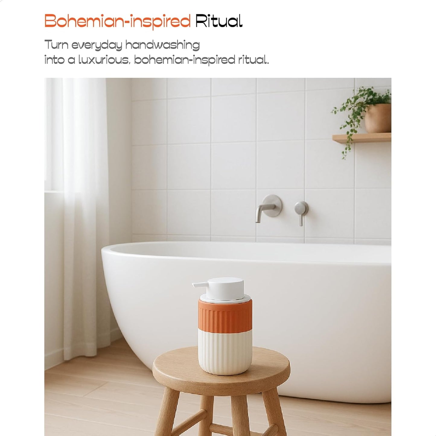 Hand Dipped Terracotta Ceramic Foam Soap Dispenser, 12 oz Rippled Bubble-Up Bottle with White Silicone Pump, Refillable Orange Hand Soap Dispenser for Bathroom