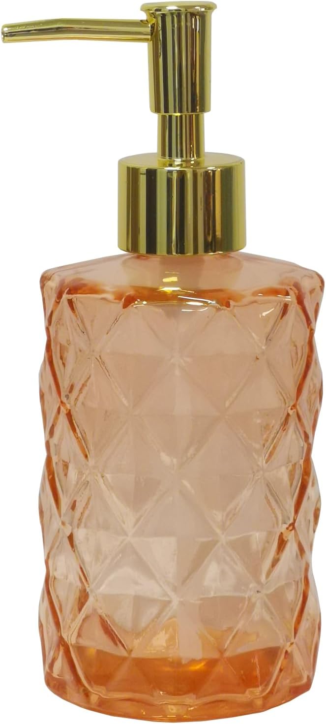 Glass Soap Dispenser with Gold Plastic Pump, 12oz Refillable Liquid Hand Soap Dispenser, Crystal Lotion Bottle for Modern Home Decor, Bathroom, Kitchen Countertop, Hotel(Amber)
