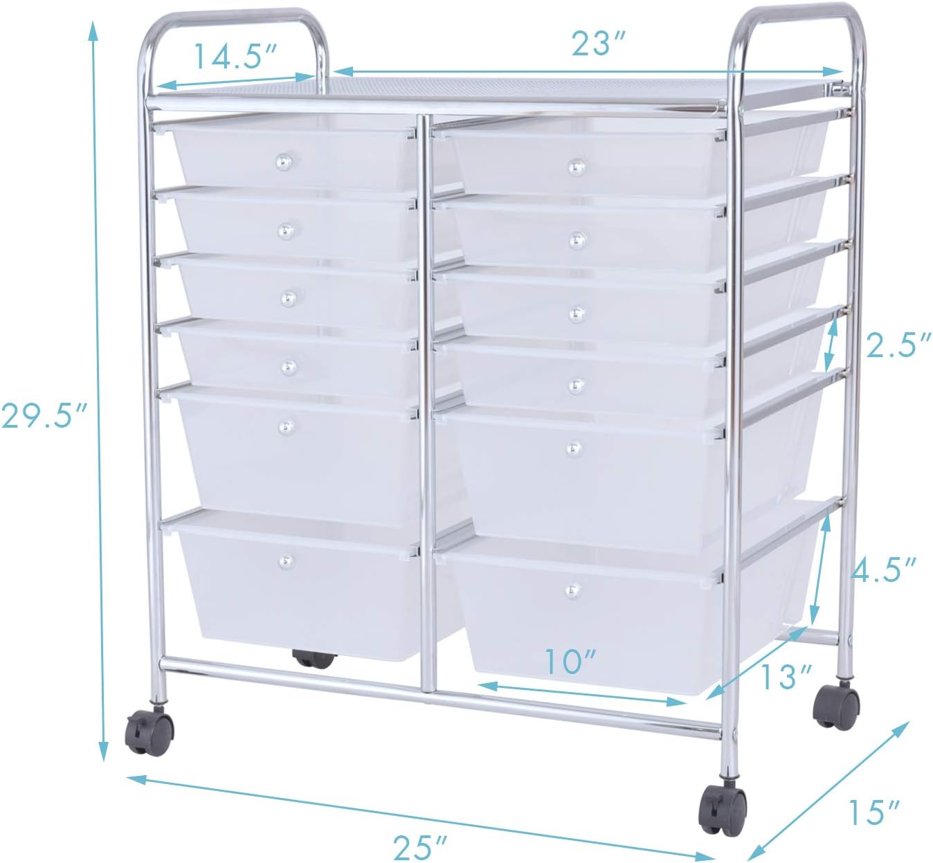 GOFLAME 12-Drawer Rolling Storage Cart, Multipurpose Organizer Cart with 2 Sizes Plastic Drawers, Mobile Utility Cart with Lockable Casters for School, Home Office, Beauty Salon, Clear