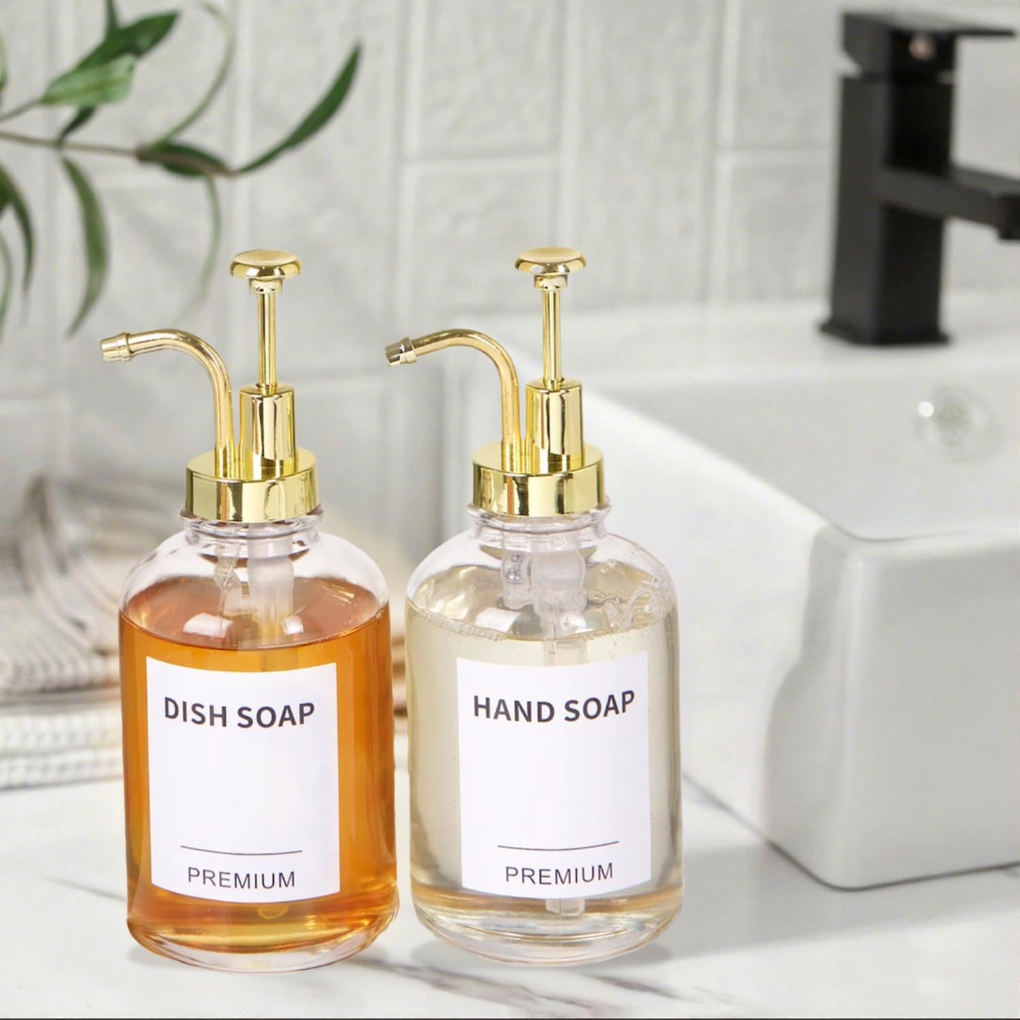 12oz Dish Soap Dispenser for Kitchen, Hand Glass Soap Dispenser Set with Pump, Tray, Funnel for Bathroom, Shower, Laundry, Liquid, Lotion (Gold 2 Pack Clear Bottles with 12 Stickers)