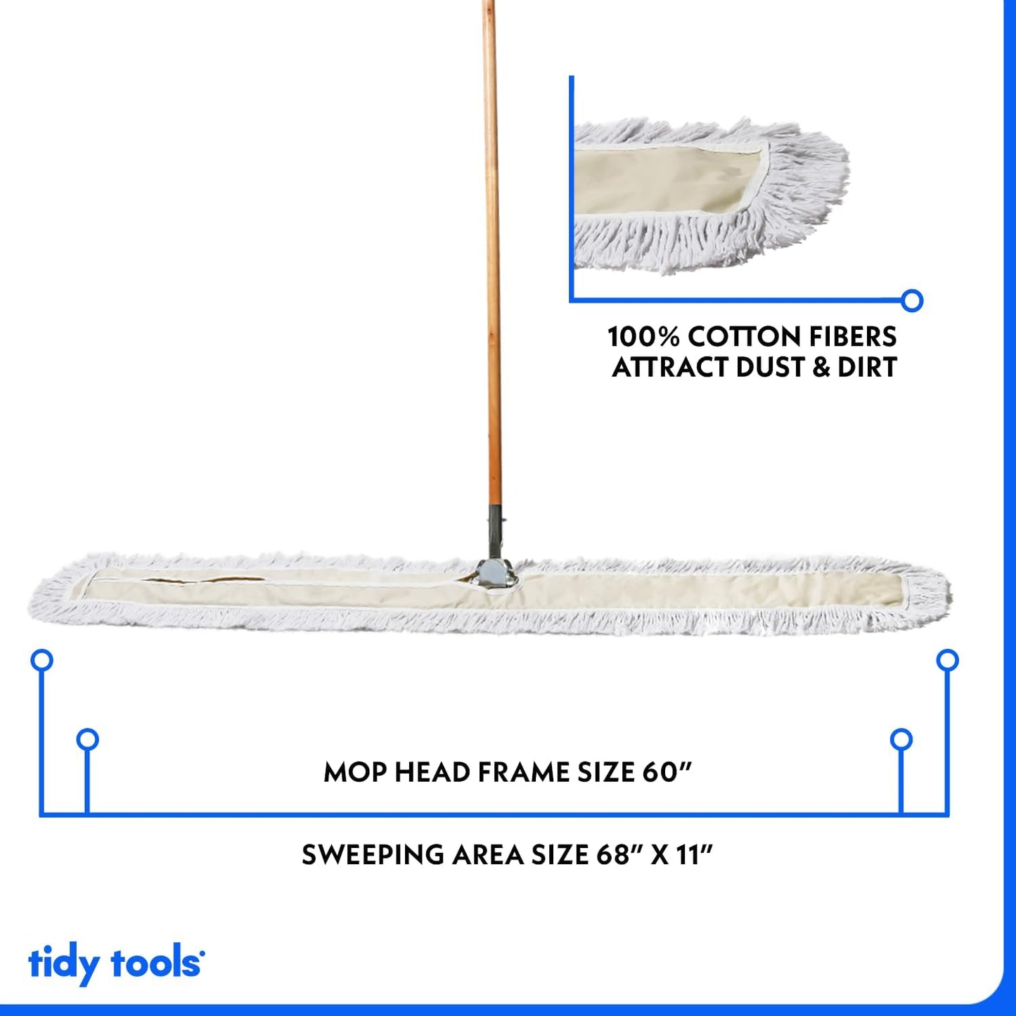 Commercial Dust Mop & Floor Sweeper, 60 in. Dust Mop for Hardwood Floors, Cotton Reusable Dust Mop Head, Wooden Handle, Industrial Dry Mop for Floor Cleaning & Janitorial Supplies