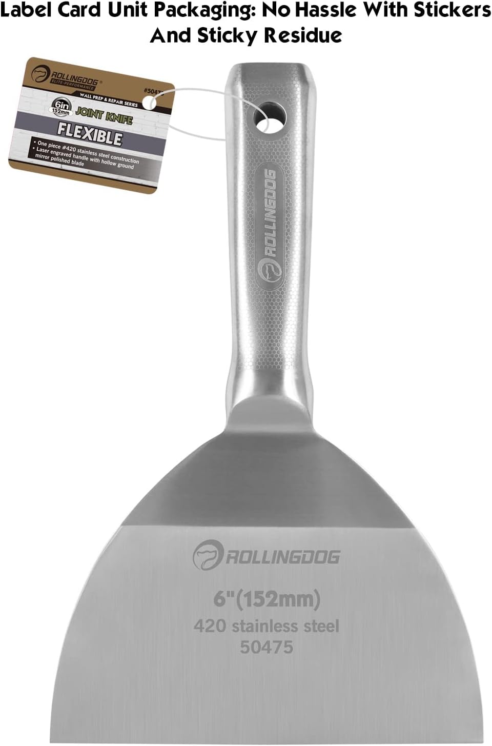 ROLLINGDOG 6 inch Putty Knife - 420 Stainless Steel Spackle Knife Drywall Knife One Piece Mirror Polished Blade for Scraping Paint, Taping