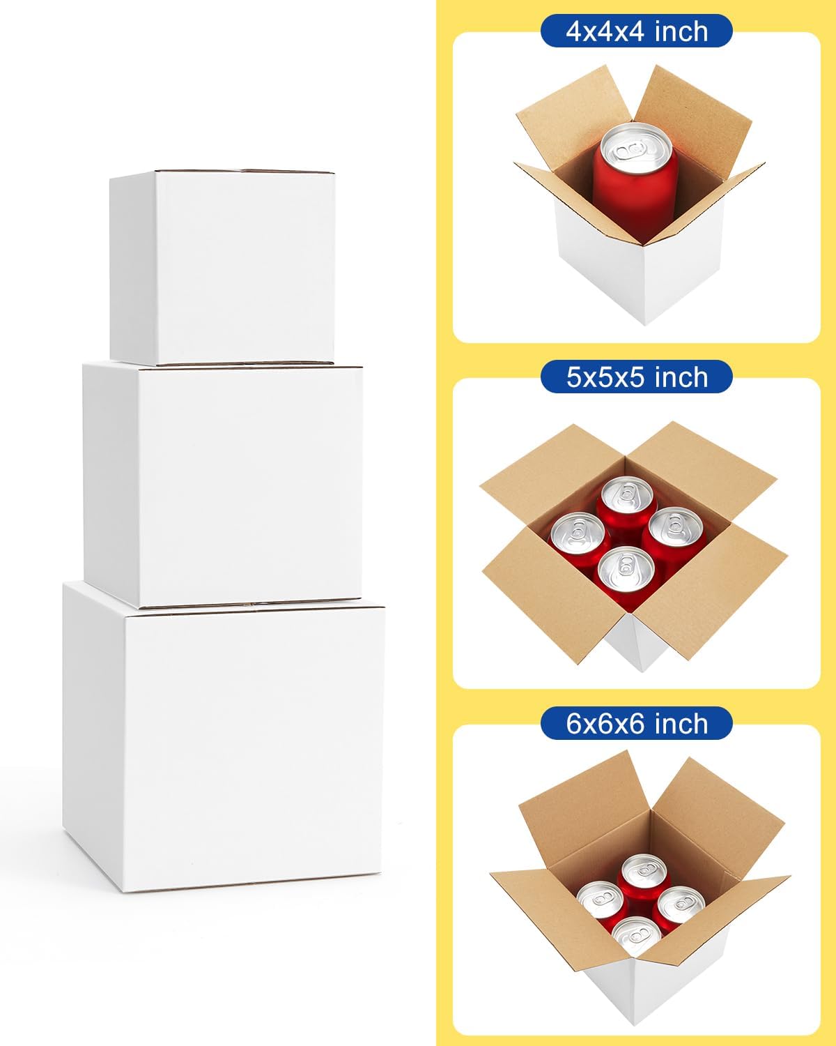 Assorted-Sizes-Shipping-Boxes-45-Pack: 4x4x4 & 5x5x5 & 6x6x6 Small-Shipping-Boxes-Mailers, White Corrugated-Cardboard-Boxes-for-Packing-Small-Business Mailing