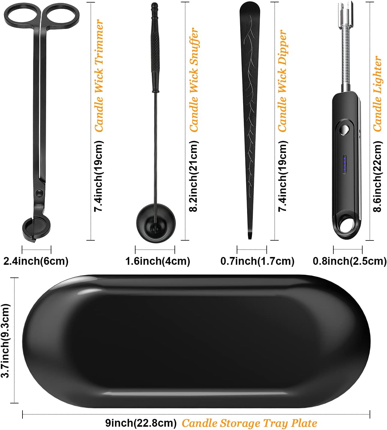 Lsnisni 5Pcs Candle Accessory Set With Rechargeable Electric Lighter, Storage Tray, Wick Trimmer, Snuffer, Dipper - Stainless Steel Care Kit With Gift Package for Candle Lovers - Black