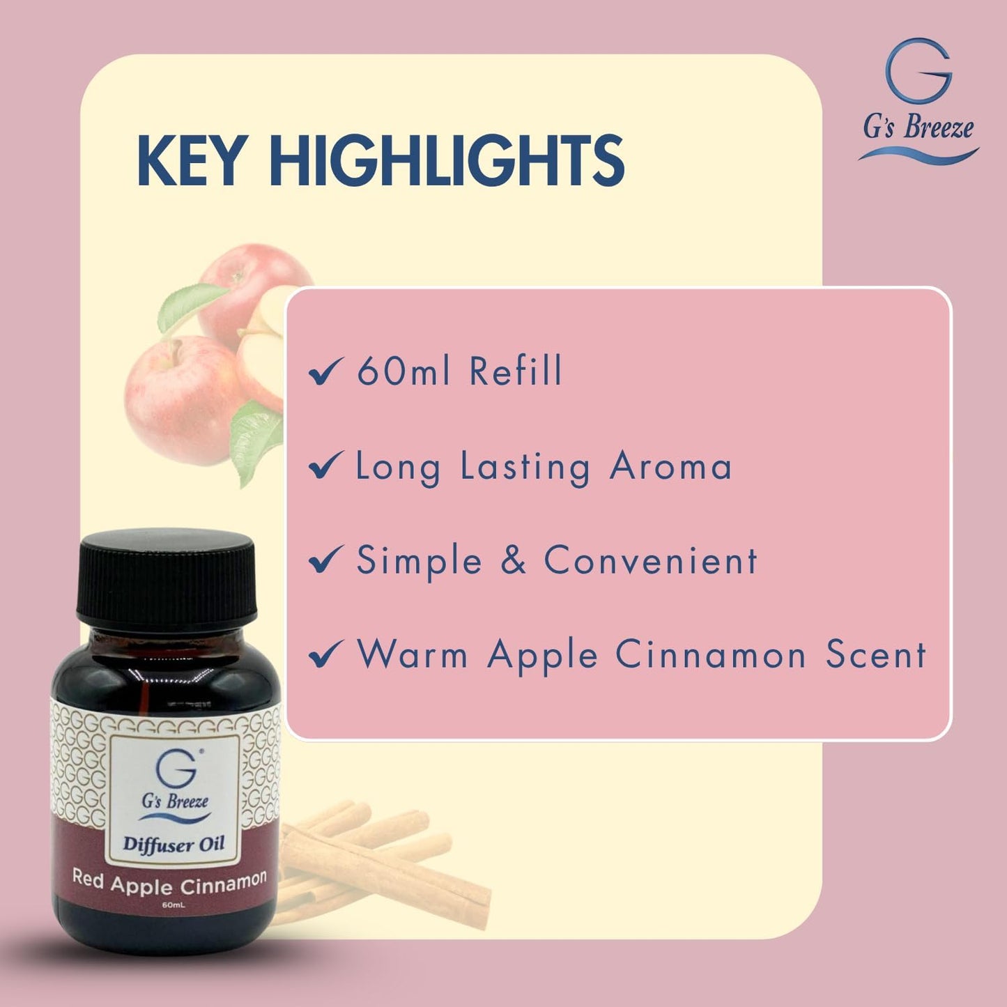 G's Breeze Red Apple Cinnamon Diffuser Oil Refill - Blend of Ripe Apples & Spicy Cinnamon Scent - Transform Any Space with Invigorating Fragrance – Ideal for Home & Office – Long-Lasting Aroma - 60 ML