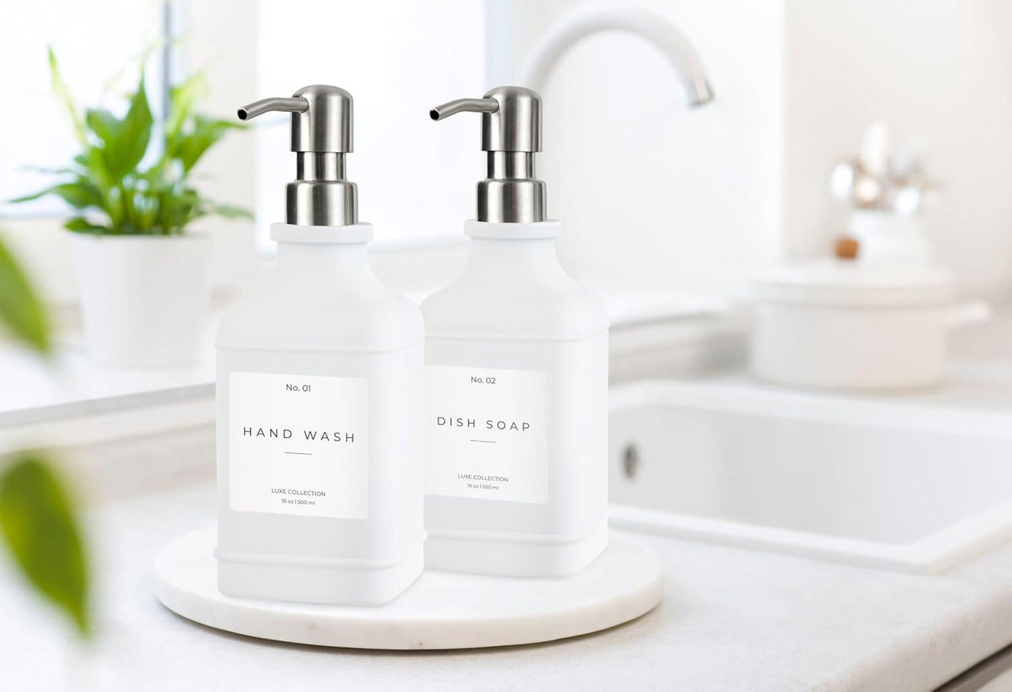 Emerson Essentials Soap Dispenser, Dish Soap Dispenser, Soap Dispenser Bathroom Set, Hand Soap Dispenser, Kitchen Soap Dispenser Set, Glass Soap Dispenser with Pump + Labels | 16 Oz, 2-Pack