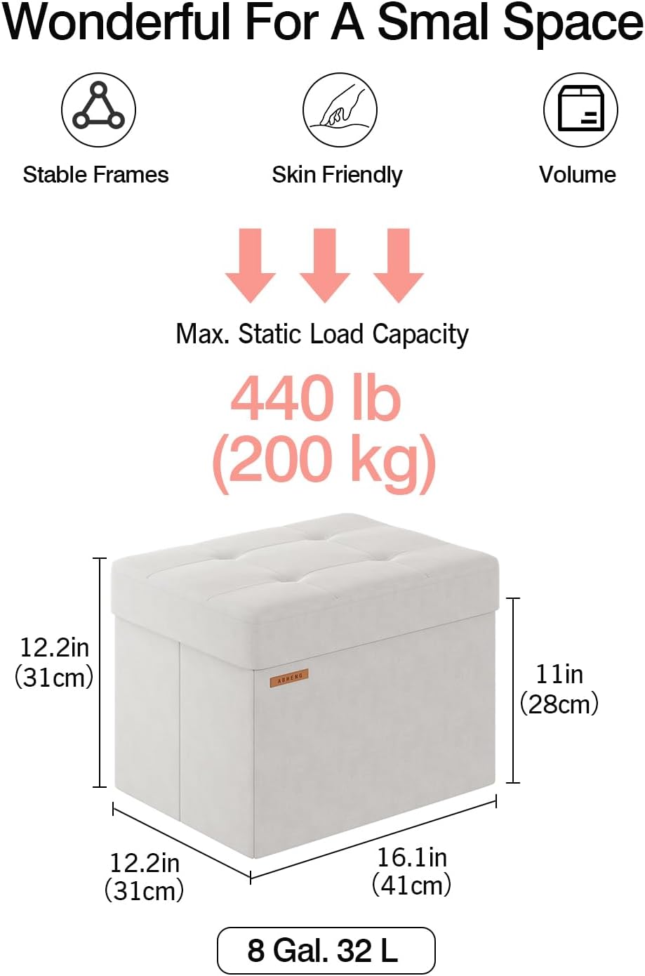 Folding Storage Ottoman, Velvet Storage Bench, Footrest, End Stool, Foot Stool,for Living Room, Bedroom and Office,12.2 x 16.1 x 12.2 Inches, 300 kg Load Capacity,Cream White, UASND03W