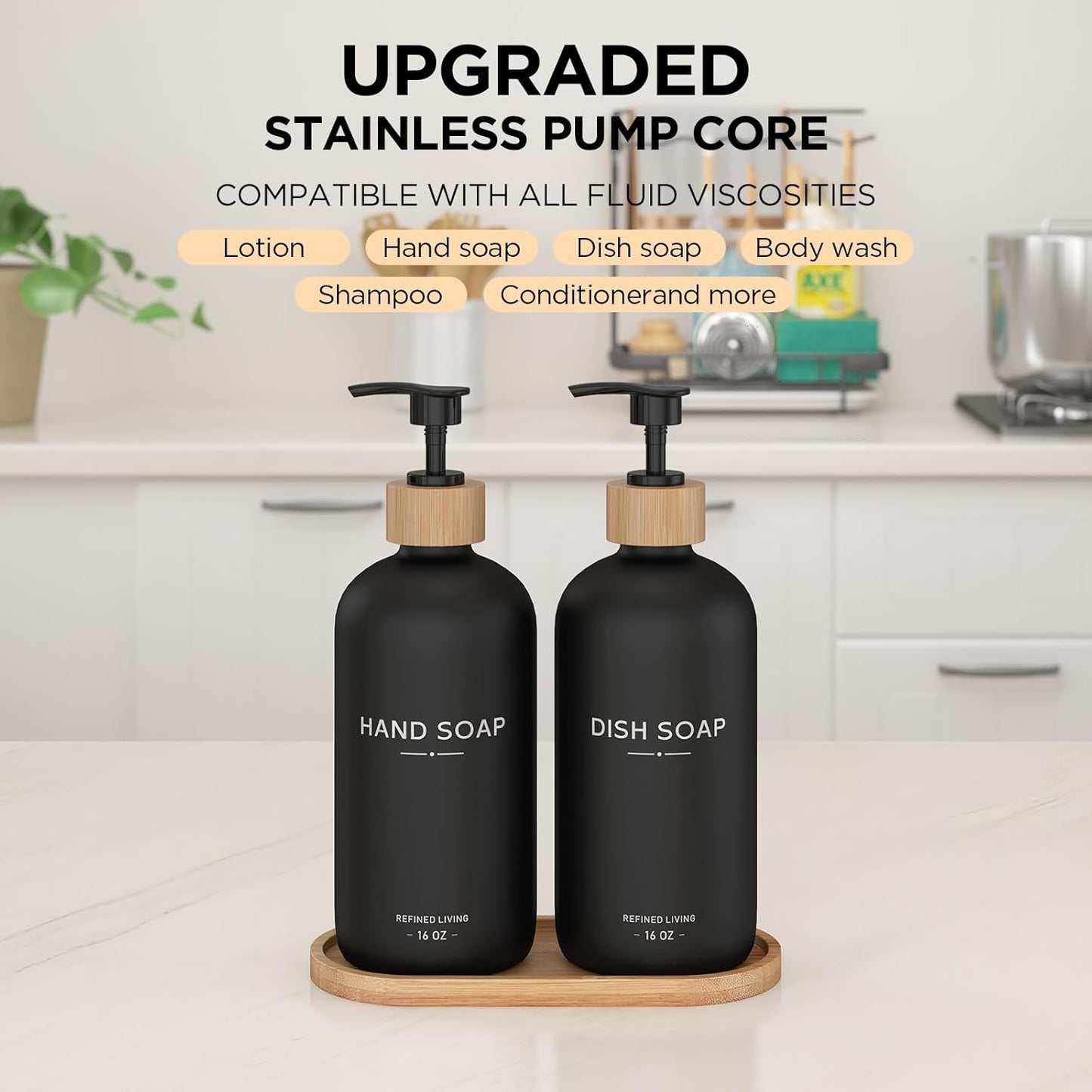 Hand and Dish Soap Dispenser Set,16oz Glass Bottles with Printed Labels, Bamboo Tray & Pump,Countertop Soap Dispensers for Kitchen,Luxury, Minimalist & Farmhouse Decor (Hand Dish (Black))