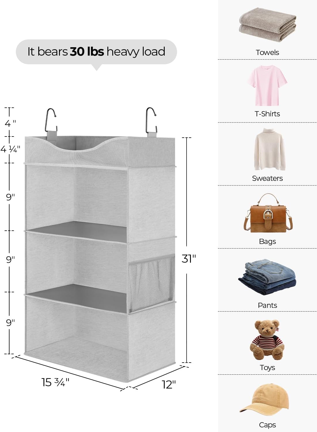 StorageWorks Hanging Closet Organizer, 3-Shelf Hanging Closet Shelves with Top Shelf, 15 ¾"W x 12" D x 31" H, Extra-Large Space, Light Grey
