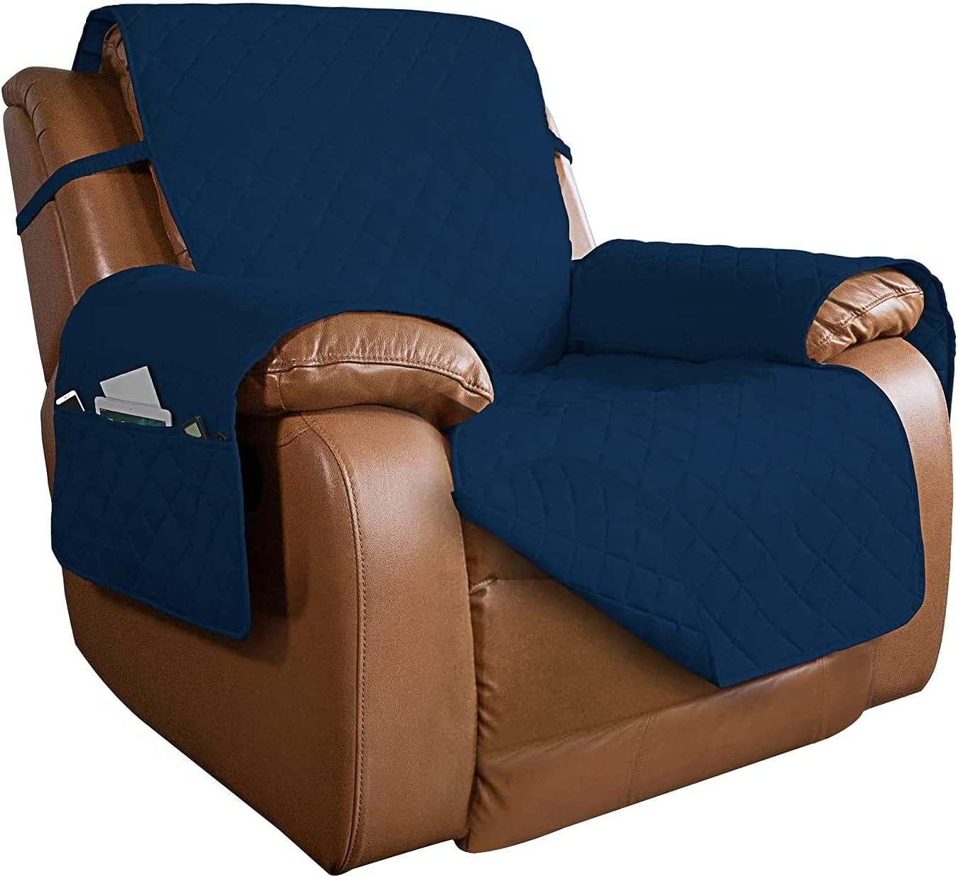 PureFit Reversible Quilted Oversized Recliner Sofa Cover, Water Resistant Furniture Protector, Washable Couch Cover with Elastic Straps for Kids, Pets (Large, Classic Navy/Navy)