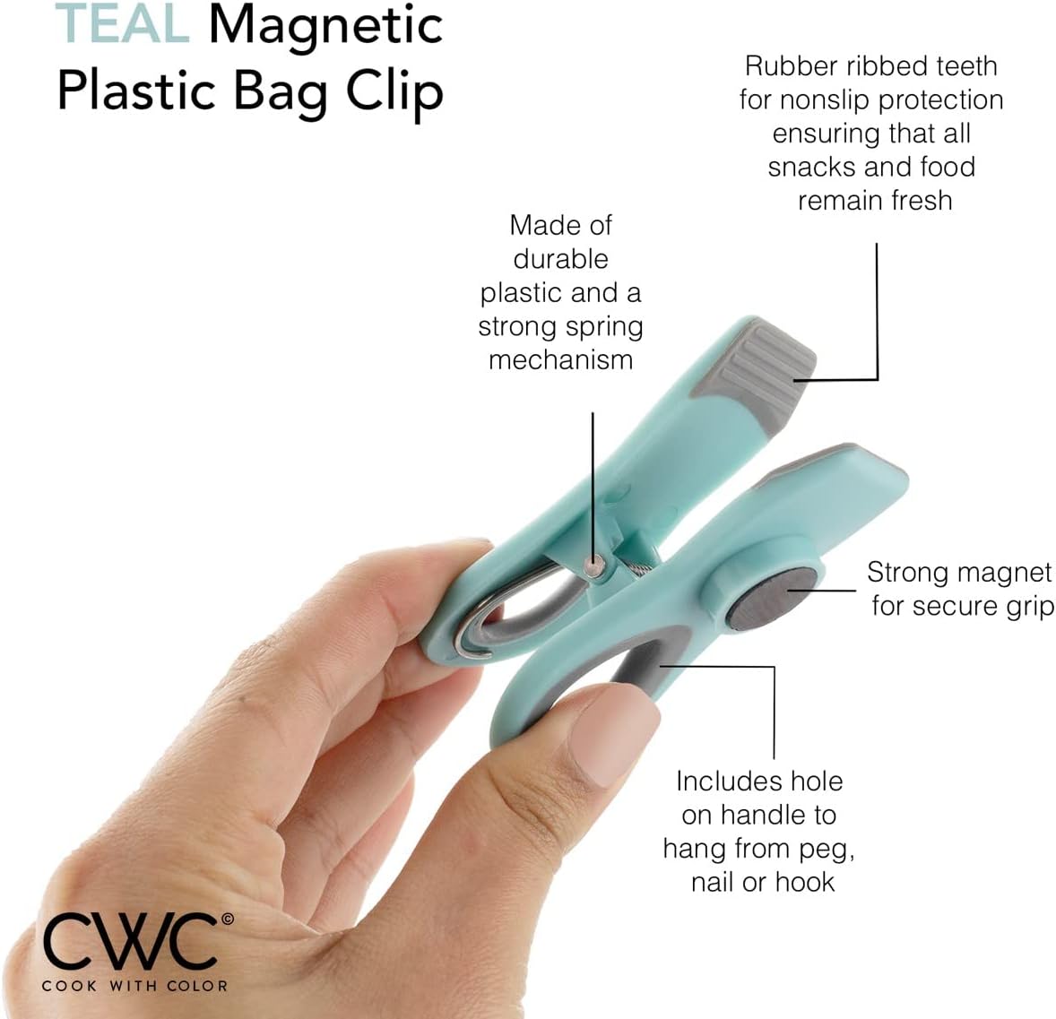 COOK WITH COLOR Bag Clips - Heavy Duty Chip Clip and Refrigerator Magnet Clips for Food Storage with Air Tight Seal Grip, Teal, Pack of 8