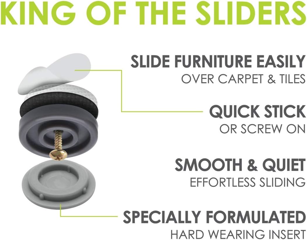 GorillaGlides CB253 1 Inch Chair Sliders/Furniture Glide Floor Protectors (Set of 8 Glides) Self-Adhesive Screw-On Glides, for Sliding on Hard Surface Floors and Low-Pile Carpet, Round