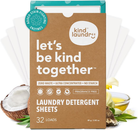 Kind Laundry Detergent Sheets with Stain-Fighting Enzymes - Plant Powered Eco-Friendly Laundry Soap Sheets - Home or Travel Laundry Detergent Fragrance Free, 32 Loads (Mom's Choice Award Winner)