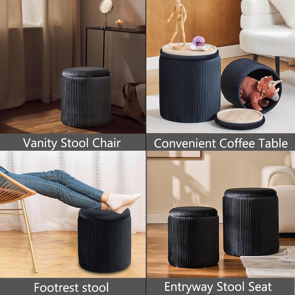 Round Ottoman with Storage Set of 2-Upholstered Velvet Vanity Stool for Makeup Multifunctional Ottomans Coffee Table Padded Seat Foot Rest for Living Room&Bedroom (Black-Upgrade Tray Lid)