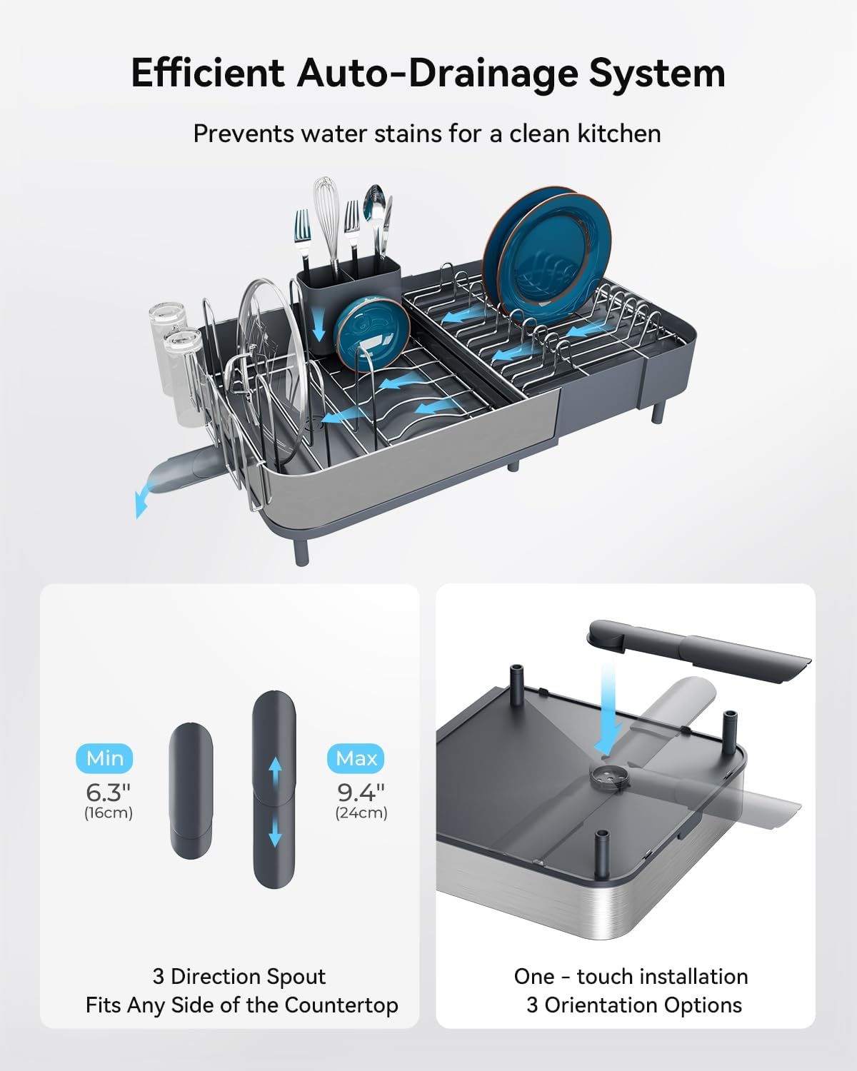 SUNLY Expandable Dish Drying Rack, Versatile Brackets for Pots & Pans, Space Saving Kitchen Drying Rack, Dish Racks for Kitchen Counter, Stainless Steel Dish Drainers with Extendable Spout, Gray