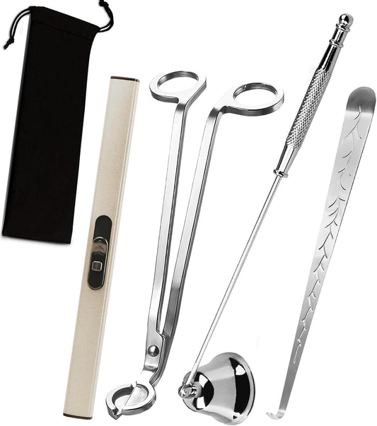 4IN1 Candle Accessory Set, Rechargeable LighterCandle Wick Trimmer Cutter, Candle Snuffer & Candle Wick Dipper for Candle Aromatherapy Lover Gift, Stainless Steel Candle Care Kit (Silver)