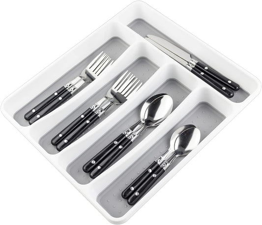 LeMuna Silverware Tray for Drawer, Plastic Cutlery Tray Kitchen Drawer Organizer, 5 Compartment Flatware Cutlery Organizer, Soft-Grip Lining and Non-Slip Rubber Feet