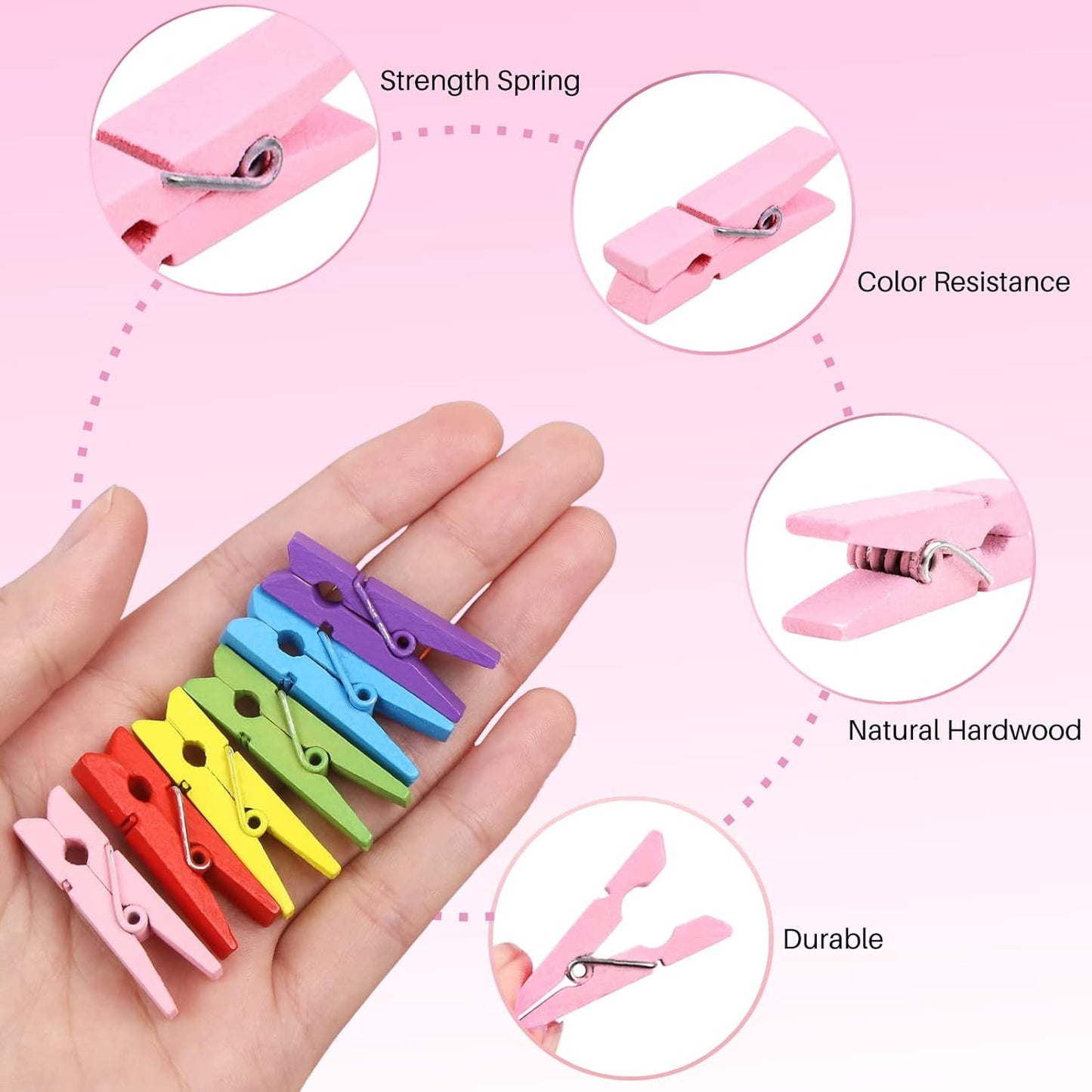 Clothespins, Small Clothes Pins for Photos, 1.4'' 100 PCS Natural Birchwood Mini Clothes Pins, Strong Springs Colorful Clothespins with Storage Bag, Mini Clothespins for Photos, Crafts, Pictures, Art