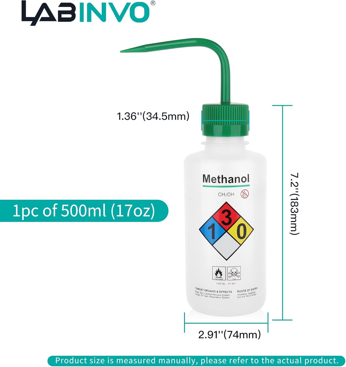 Self-Venting Safety Wash Bottles(Methanol), Pack of 1, With Chemical Name,.Vol.500Ml,Ldpe Material,Cap In Green Color.IN-WBM501