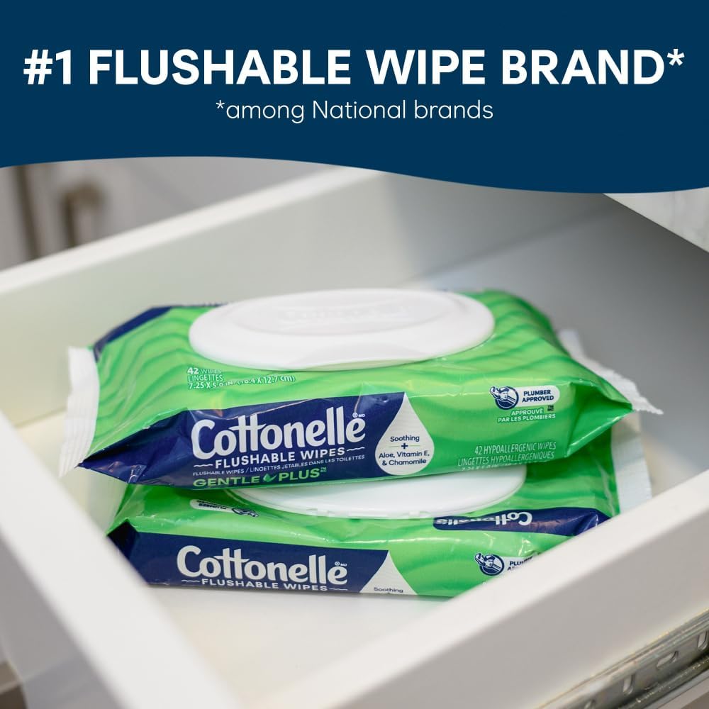 Cottonelle GentlePlus Flushable Wet Wipes with Aloe & Vitamin E, 4 Flip-Top Packs, 42 Wipes Per Pack (168 Total Wipes), Packaging May Vary
