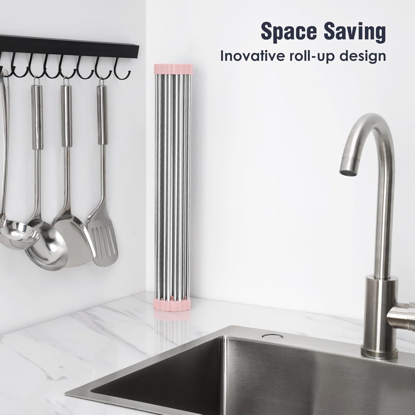 Tomorotec 21" x 15.5" Roll Up Dish Drying Rack Over Sink Drying Rack Sink Cover Kitchen Sink Accessories Gadget Multipurpose Organizer Foldable Stainless Steel Drainer