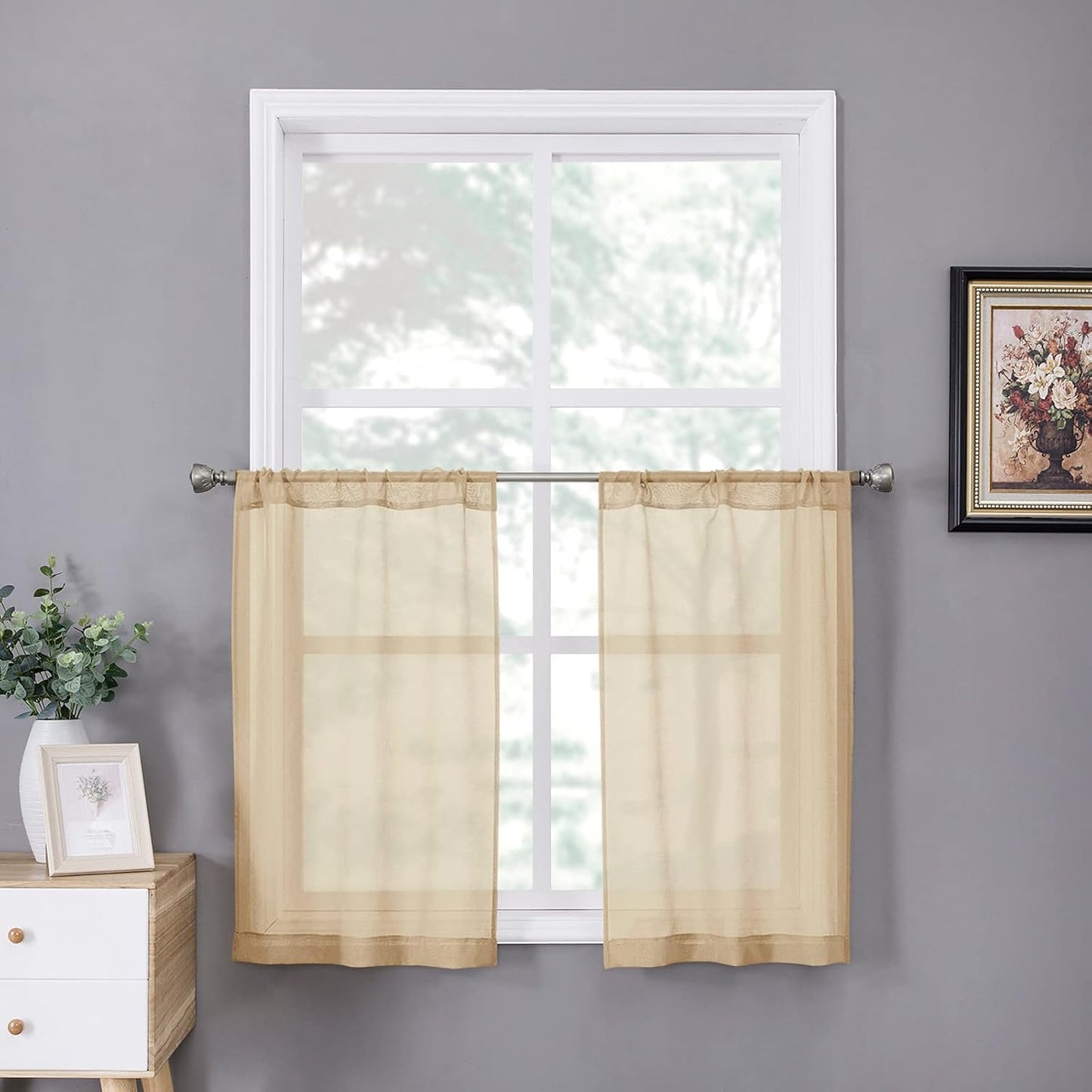 Tollpiz Sheer Tier Curtain Linen Textured Half Kitchen Curtains Sheer Light Filtering Rod Pocket Voile Small Curtains for Bathroom, 25 x 36 inches Long, Beige, Set of 2 Panels