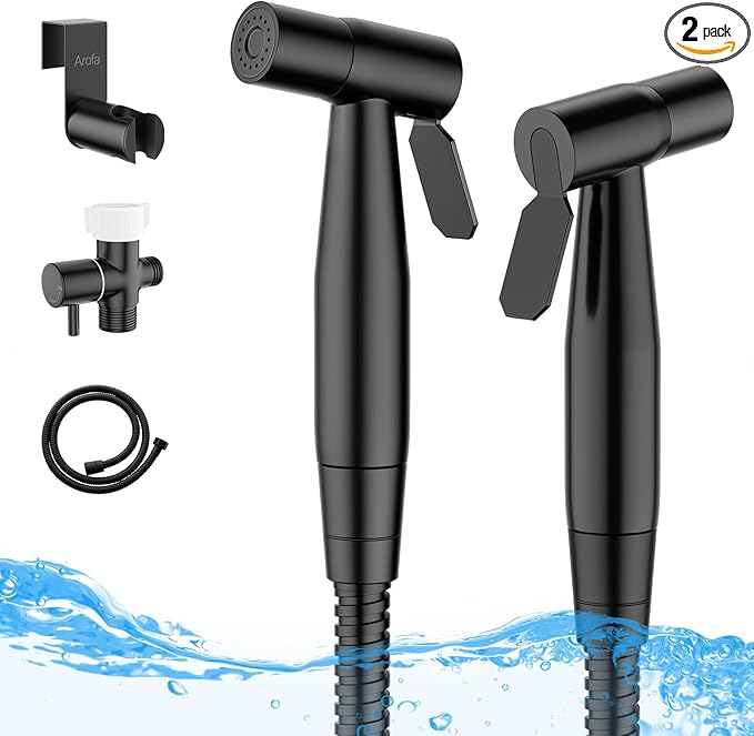 Arofa Handheld Toilet Bidet Sprayer for Toilet-Adjustable Water Pressure Control with Bidet Hose for Feminine Wash, Stainless Steel Brushed Nickel Bidet Faucet Cloth Diaper for Baby Wash, Black,2 Pack