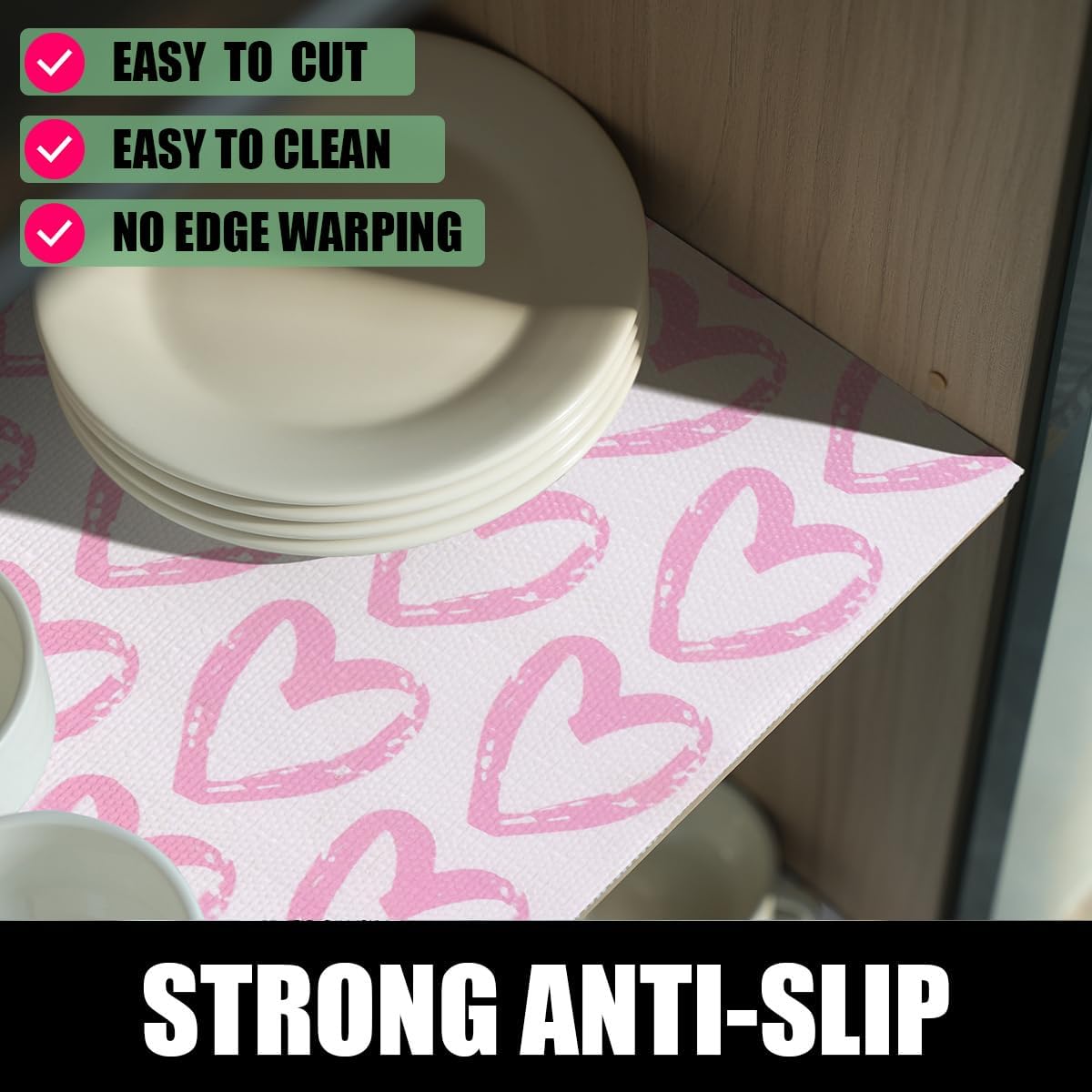 Pink Heart Shelf and Drawer Liner for Cabinets, 12IN x 20FT Non-Adhesive and Strong Non-Slip Shelf Cabinet Drawer Liners for Kitchen,Table,Bookshelves,Waterproof Cupboard Liners,Easy to Clean