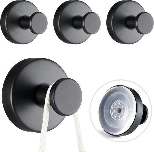 4 PCS Suction Cup Hooks for Shower, Stainless Steel No Drill Towel Hooks, Reusable Sticky Silicone Base for Bathroom Wall, Glass, Mirror, Tile to Hang Loofahs, Robes (Matt Black)