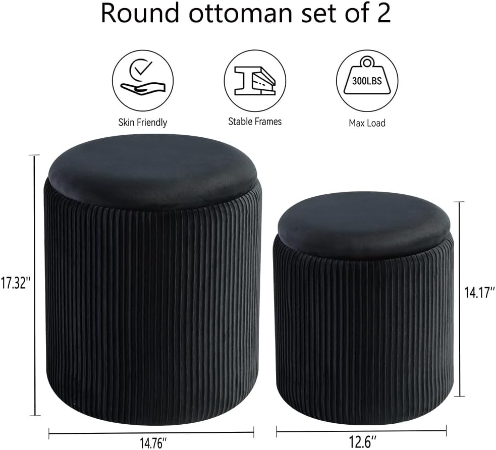 Round Set of 2 Ottoman with Storage-Upholstered Velvet Vanity Stool for Makeup Multifunctional Ottomans Coffee Table Padded Seat Foot Rest for Living Room&Bedroom (Black)