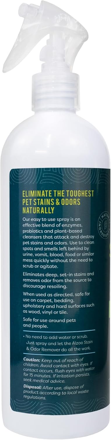 ALZOO Stain & Odor Remover, Quickly Lifts & Dissolves Pet Stains & Helps Eliminate Odors, 100% Plant-Based Active Ingredients, Apple Blossom Scent, 16 Fl. Oz Spray Bottle