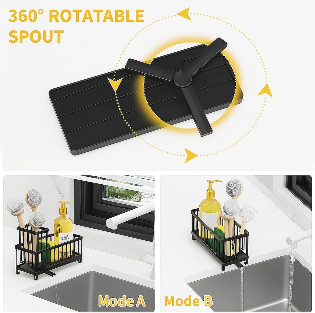 BSHG King Black Sponge Holder for Kitchen Sink, Sink Caddy Organizer with High Brush Holder, Kitchen Countertop Organizers and Storage Essentials,rustproof Stainless Steel(1Sink Caddy + 2 Sponges)