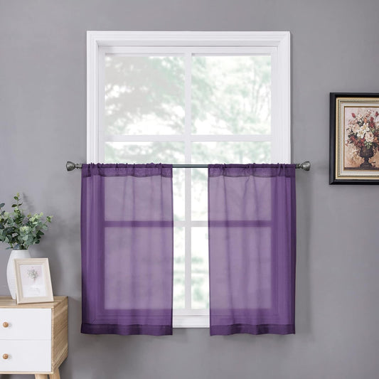 Tollpiz Short Sheer Tier Curtains Linen Textured Half Kitchen Curtain Sheers Light Filtering Rod Pocket Voile Small Curtain for Bathroom, 25 x 24 inches Long, Royal Purple, Set of 2 Panels