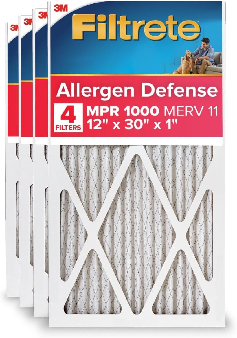 Filtrete 12x30x1 AC Furnace Air Filter, MERV 11, MPR 1000, Micro Allergen Defense, 3-Month Pleated 1-Inch Electrostatic Air Cleaning Filter, 4 Pack (Actual Size 11.81 x 29.81 x 0.81 in)