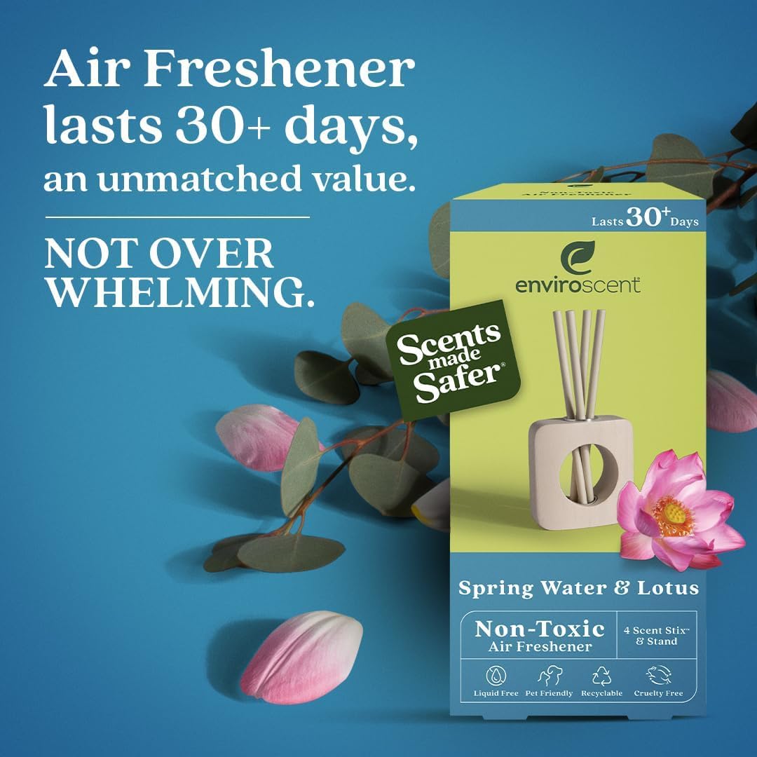 Enviroscent Non-Toxic Air Freshener for Home | Liquid Free Diffuser | Home Fragrance Lasts Over 30 Days | Kit includes 1 Mango Wood Stand & 1 Scent Stix Refill (Spring Water & Lotus)