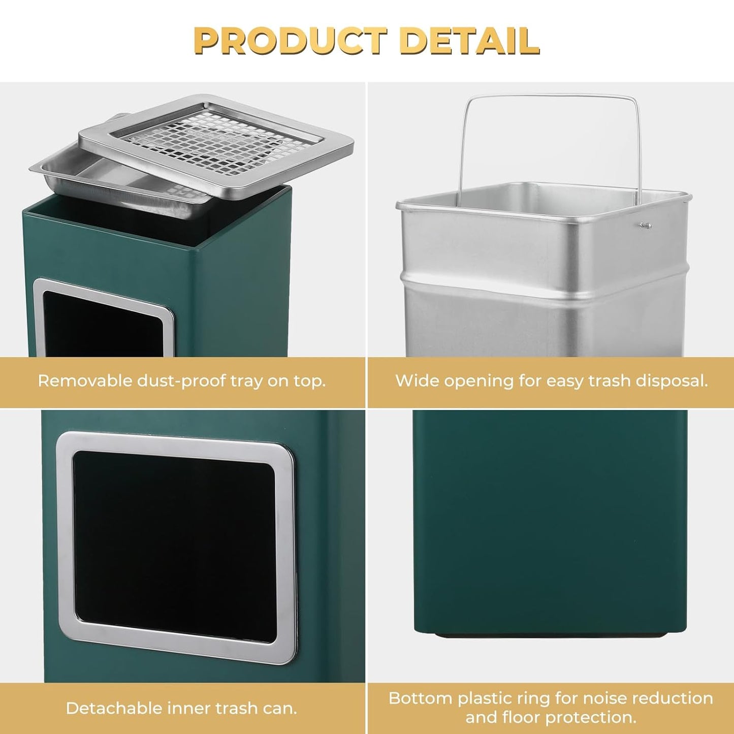Trash Can Outdoor Waste Container Square Stainless Steel Trash Can with Removable Inner Bucket for Disposal Commercial Waste Container 9.45‘’ x 9.45‘’ x 24.02‘’-Green