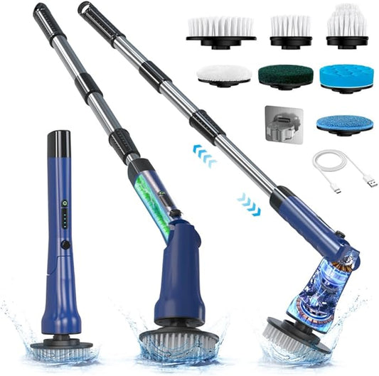 Electric Spin Scrubber, Hillyfe Bath Scrubber for Cleaning with 7 Replaceable Brush Heads, IPX7 Waterproof,300/400 RPM, 3 Adjustable Size,Cordless Shower Cleaner Brush for Bathroom Floor,Blue