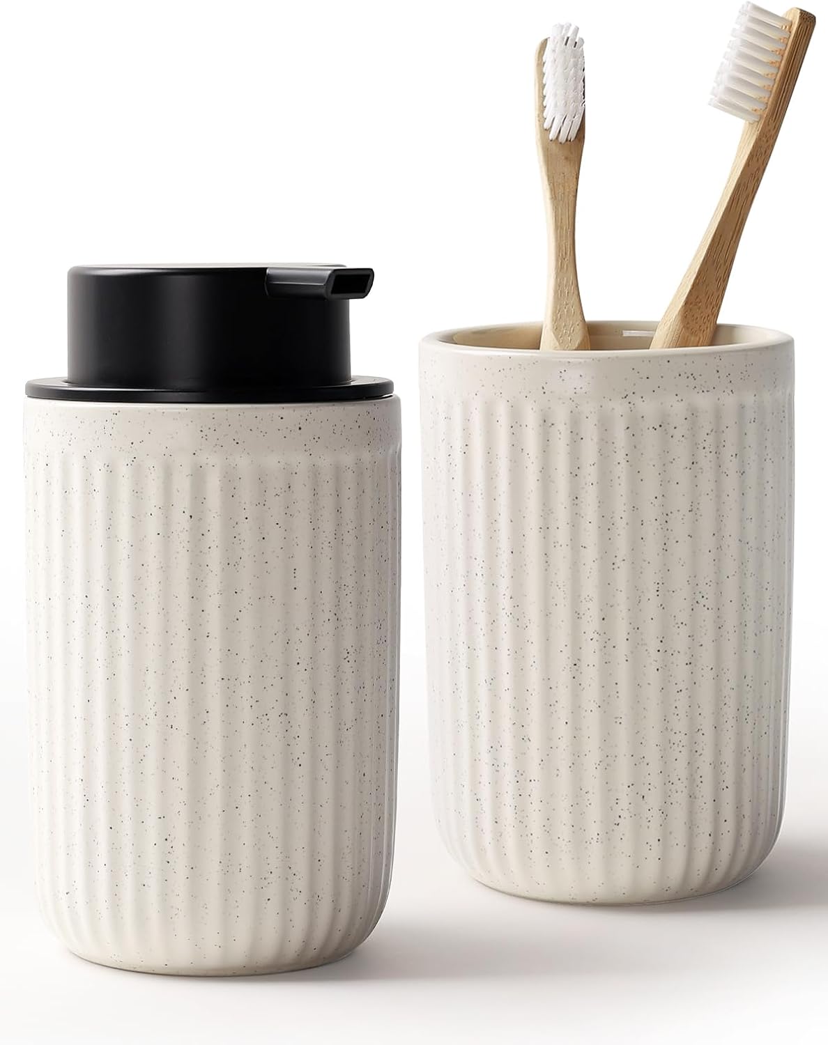 Bosilunlife Soap Dispenser and Toothbrush Holder Set - 11Oz Foam Soap Dispenser Pump Ceramic Bathroom Counter Soap Toothbrush Holder Set Beige Bathroom Accessories Set