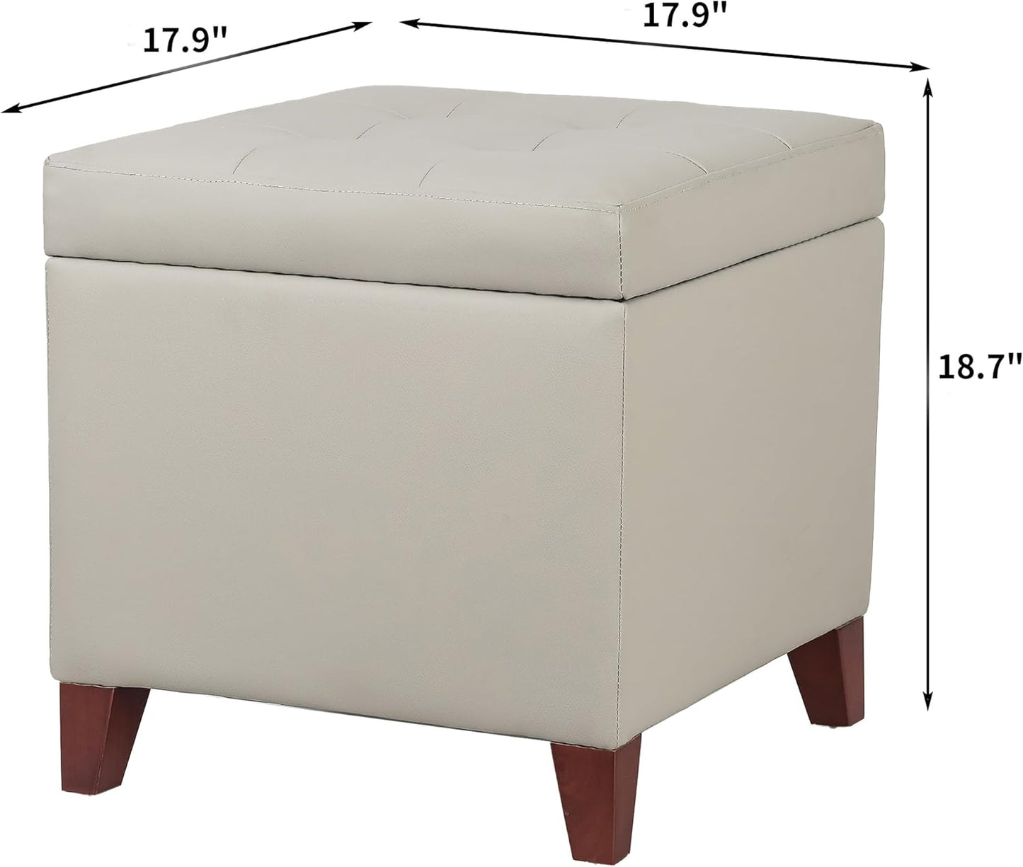 Adeco 18" PU Storage Ottoman, Upholstered Square Faux Leather Foot Rest - Flip Top Footstool with Sturdy Wood Legs, Small Cube Coffee Table Extra Seat for Living Room, Bedroom, Elephant Grey