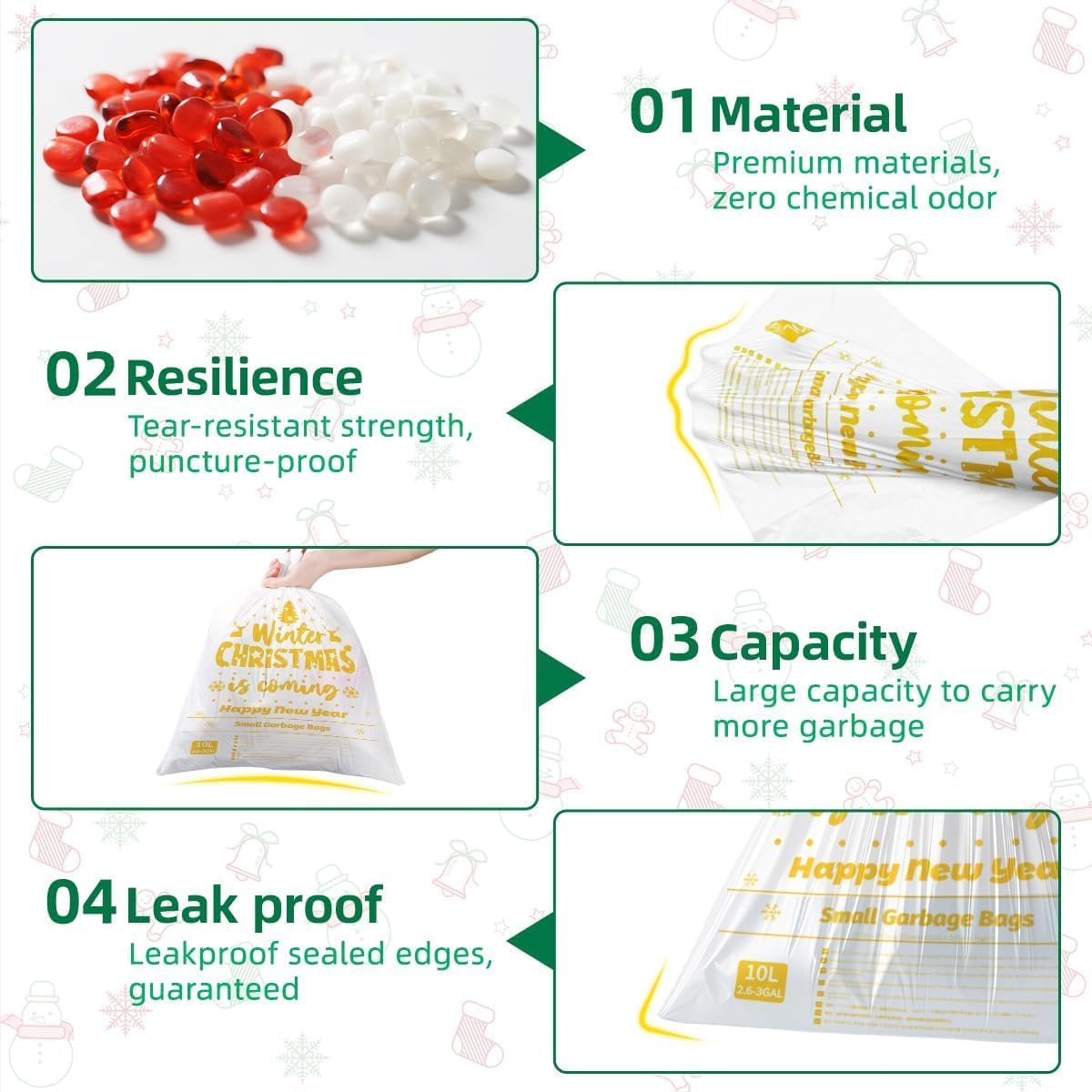 XUXRUS Small Christmas Trash Bags, 3 Gallon Christmas Garbage Bags 50 Count, Holiday Trash Bags, Festive Gold Printed Drawstring Garbage Bags for Kitchen & Bathroom, Holiday Supplies