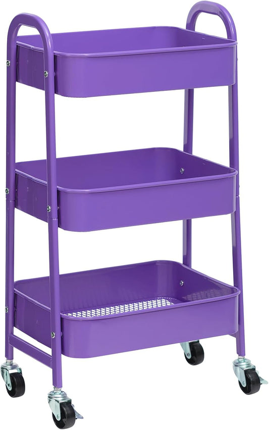 AGTEK Makeup Cart, Movable Rolling Organizer Cart, 3 Tier Metal Utility Cart with Lockable Wheels for Home & Office, Violet