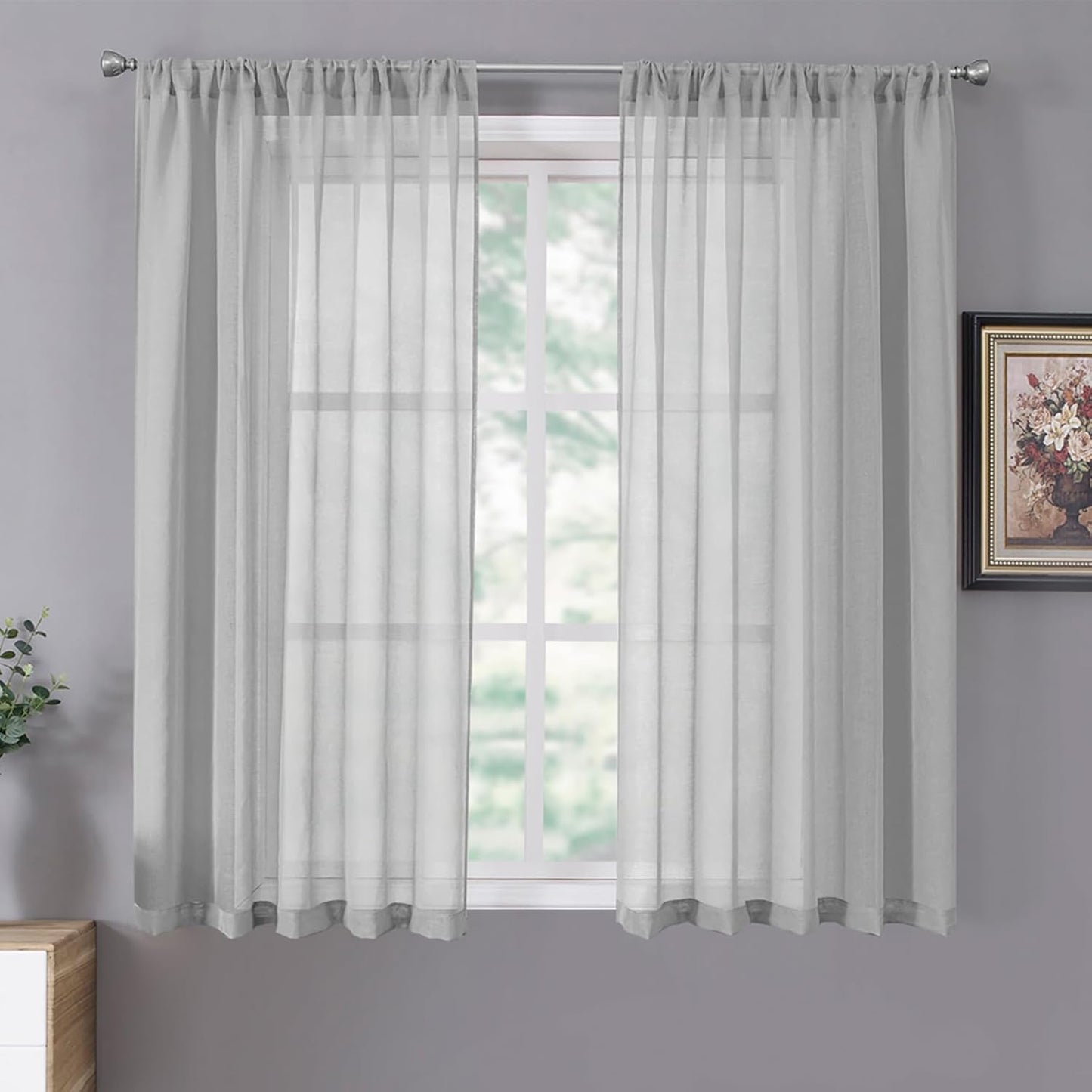 Tollpiz Sheer Curtains Living Room Linen Textured Curtain Sheers Light Filtering Voile Rod Pocket Curtains for Bedroom, 38 x 63 inches Long, Silver Grey, Set of 2 Panels
