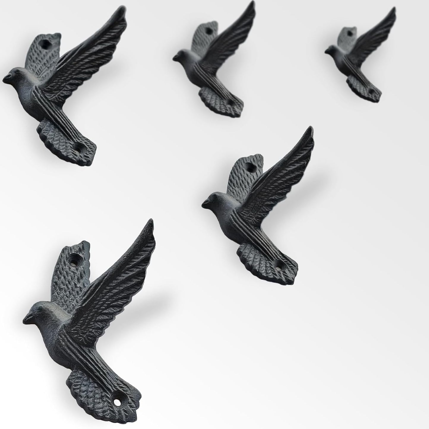 Ambipolar Flying Style Iron Cast Decorative Pigeon Bird Wall Mounted Coat Hooks, 5 Pieces, Black