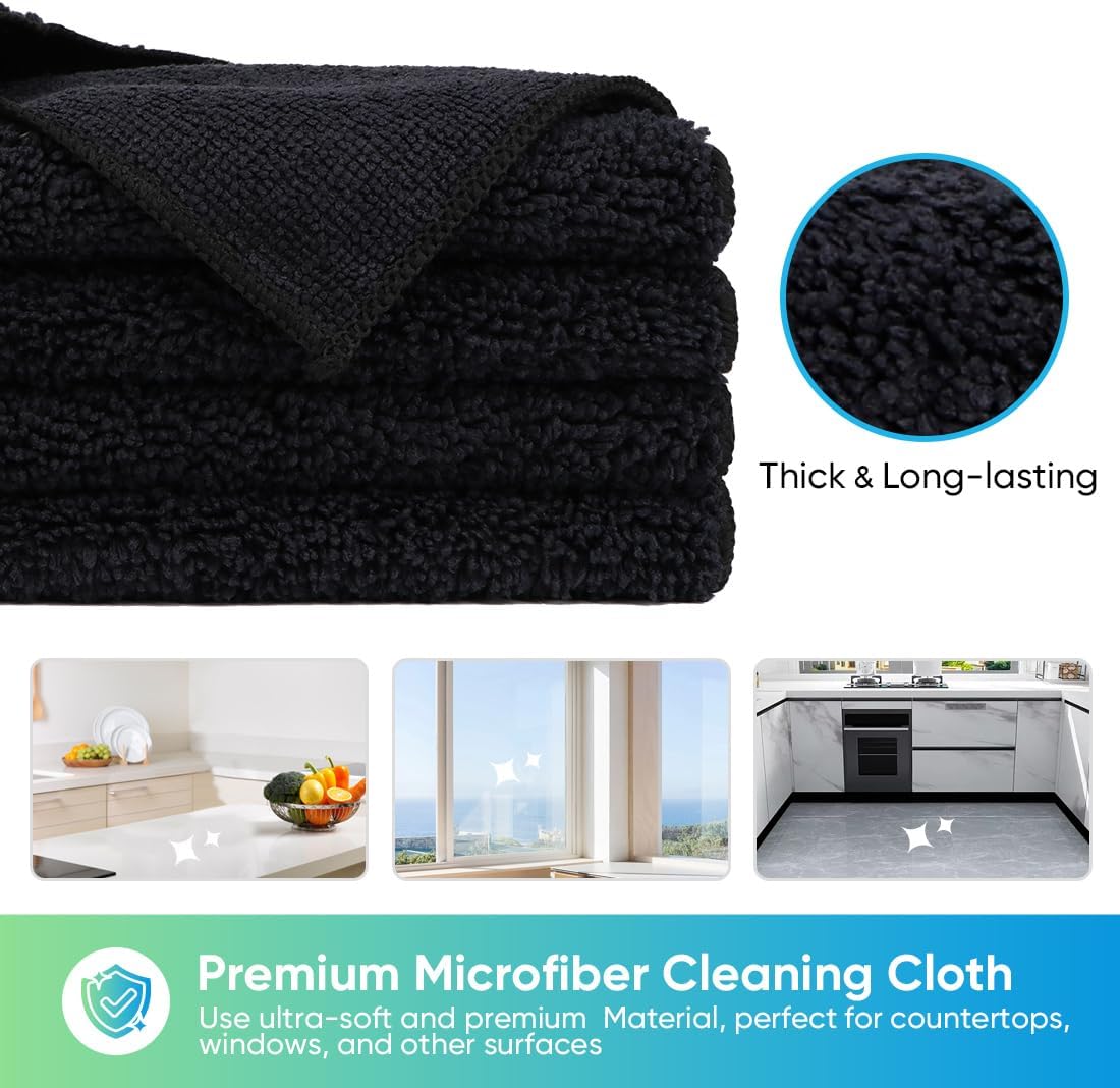 HOMEXCEL Black Microfiber Cleaning Cloth, 12 Pack Premium Microfiber Towels for Cars, Lint Free, Scratch-Free, Highly Absorbent, Reusable Cleaning Rags for Car, Household, Kitchen, Window, 11.5"X11.5"