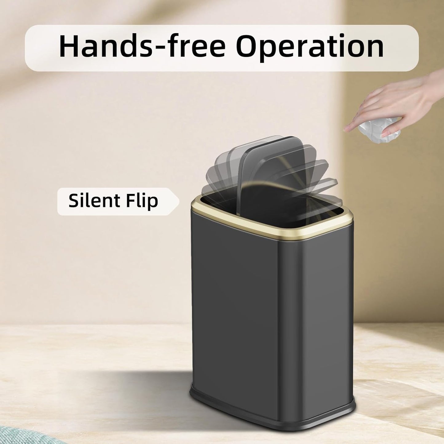 8L/2.1 Gal Small Bathroom Trash Can with Lid, Swing-Top Rectangular Waste Bin, Stainless Steel Garbage Can for Home, Office, Toilet, Bedroom, Living Room (Titanium Black)